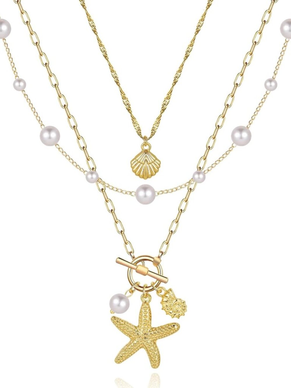 Layered Shell & Starfish Pendant Necklace, Adjustable Brass Chain, Beach Jewelry